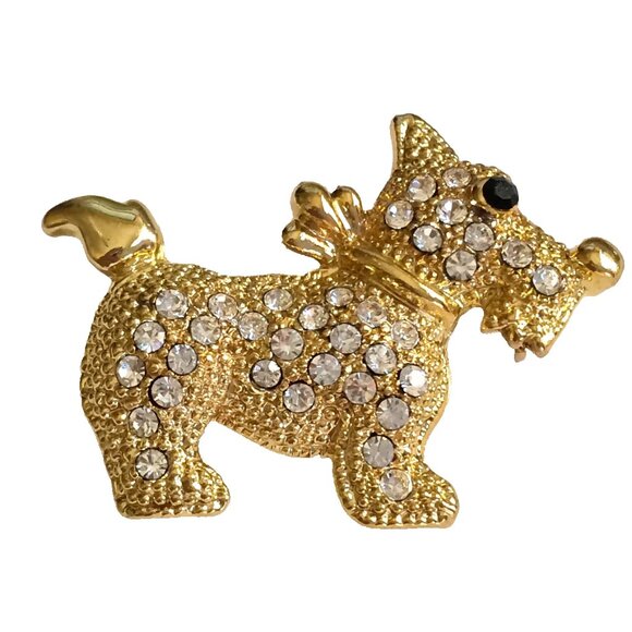 Gold Crystal Scottish Terrier Dog Pin Brooch Scottie Puppy Plated Scotty - Picture 7 of 7